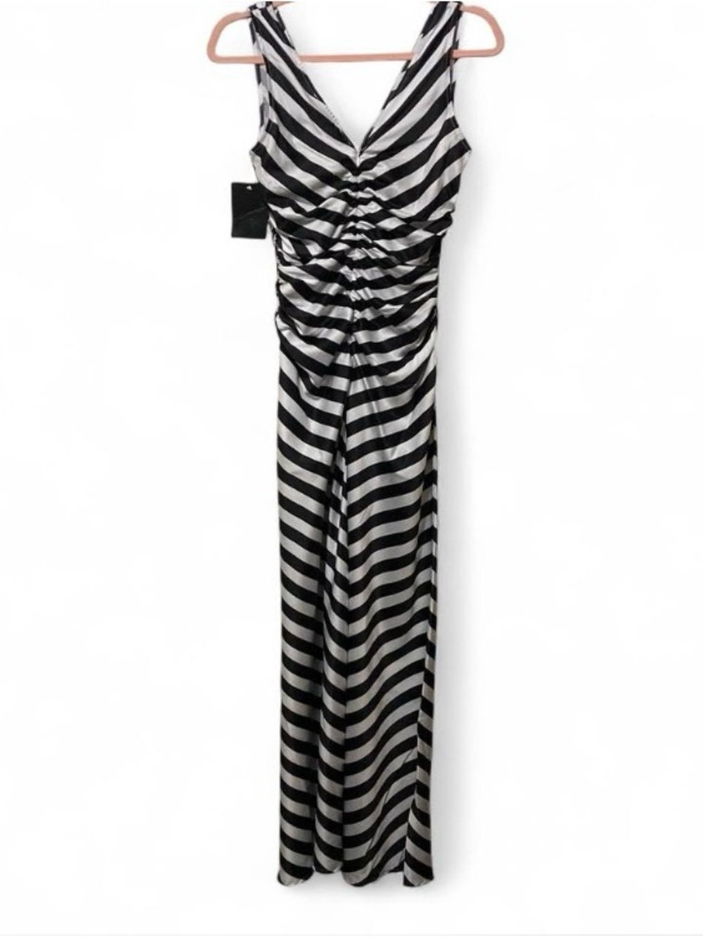 Boston Proper Black and White Striped Ruched V-Neck Maxi Dress